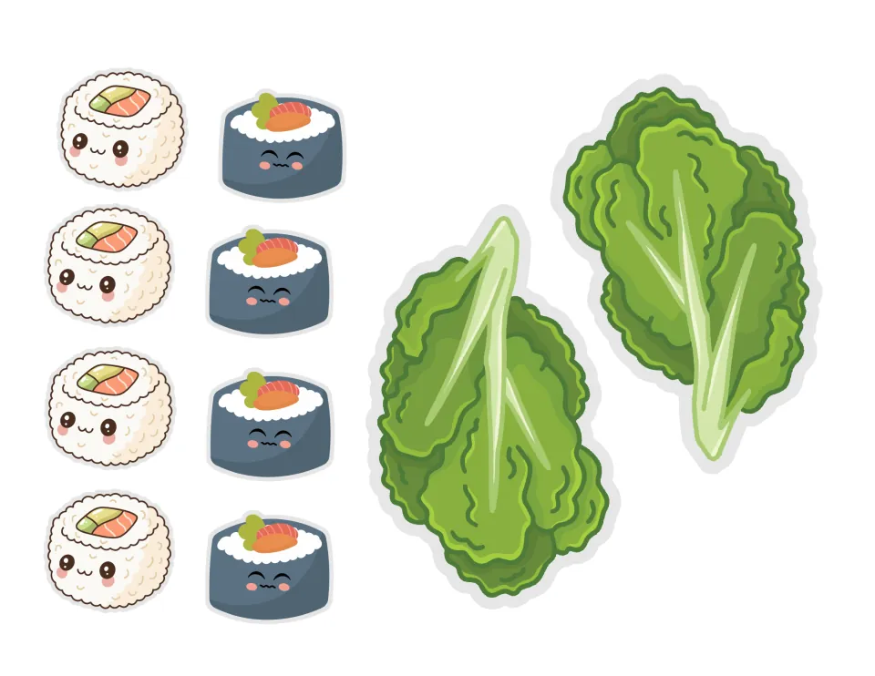 Food cut-outs for bento packing: four seafood rolls, four dark tuna rolls and two lettuce leaves to layer in the tray