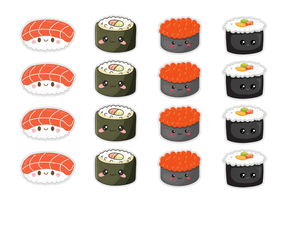 Sushi cut-outs: four each of tuna belly nigiri, California maki, fish roe rolls and vegetable rolls with smiling faces