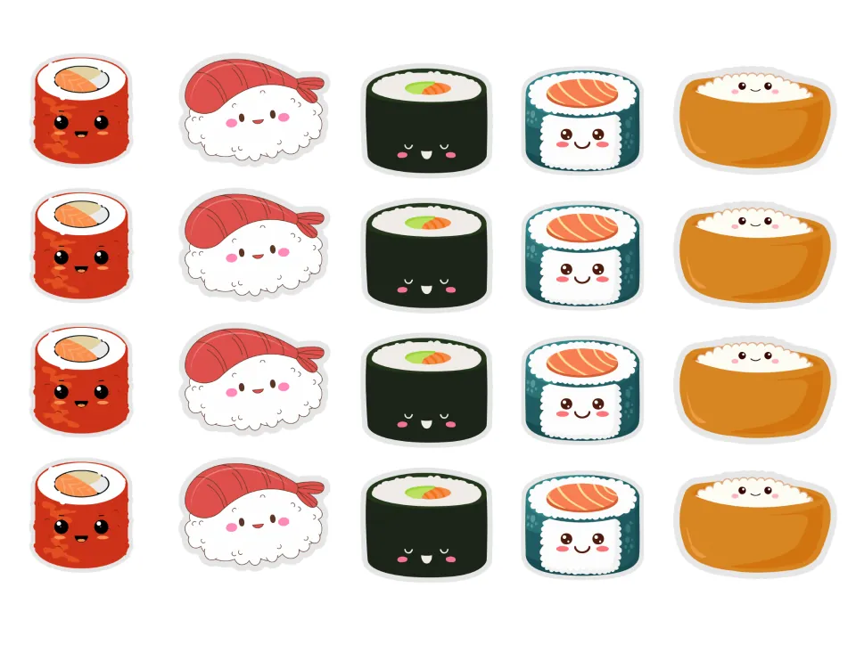 Sushi cut-outs: four each of red tuna rolls, shrimp nigiri, cucumber maki, tuna maki and inari pockets for the bento