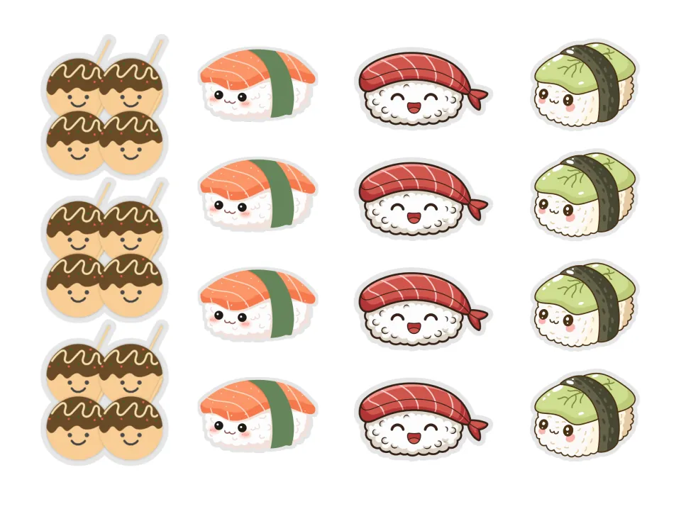 Cut-out food pieces: three takoyaki skewers plus four each of salmon nigiri, tuna nigiri and vegetable nigiri to pack