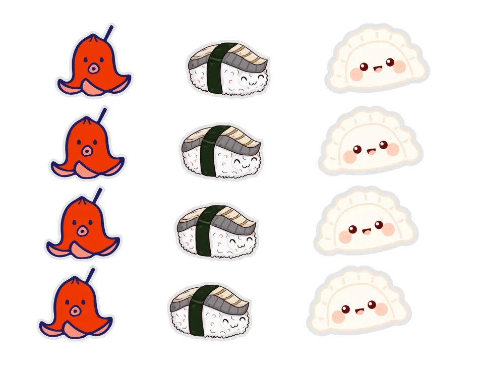 Side dishes to cut out: octopus-shaped sausages on sticks, eel nigiri and smiling gyoza dumplings, four of each kind