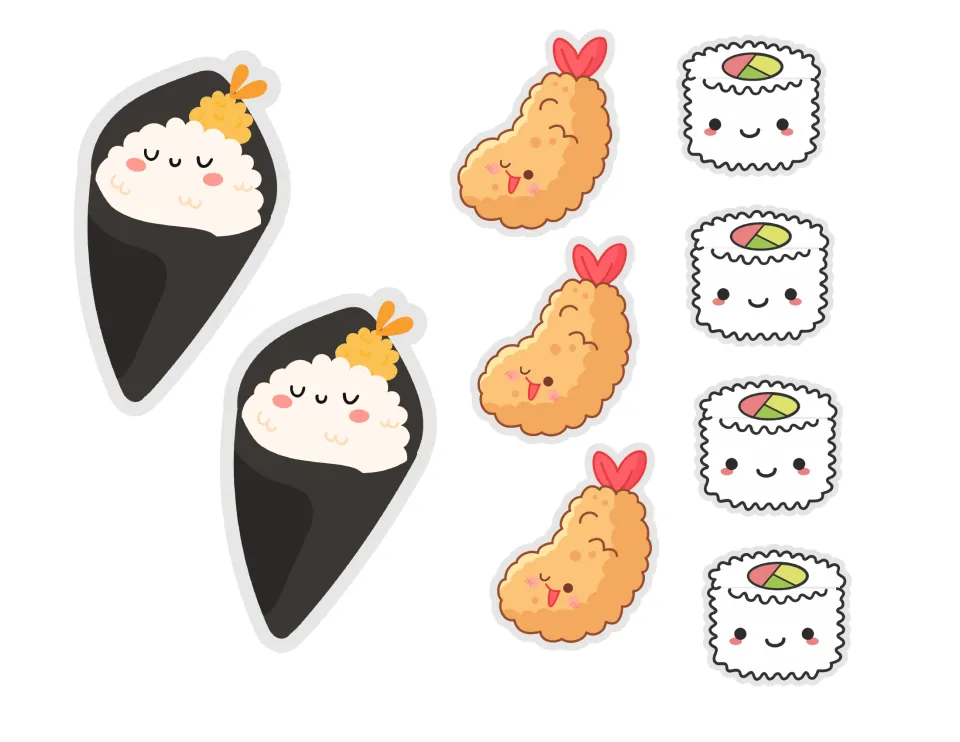 Food cut-outs: two tempura hand rolls, three fried shrimp tempura and four white salmon maki pieces to add to the tray