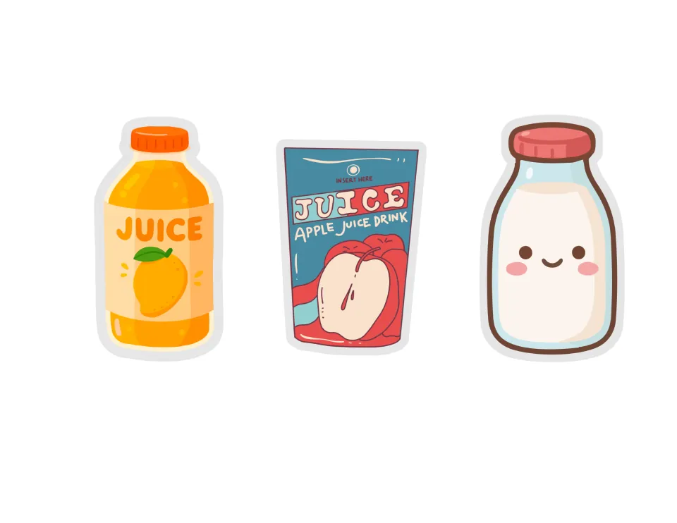 Drink cut-outs for the lunch: an orange juice bottle, an apple juice drink pouch and a smiling bottle of milk