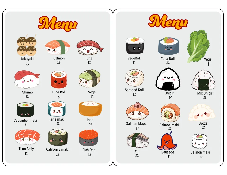 Menu price cards: 24 sushi foods such as takoyaki $3, salmon $2 and vege $1 for pretend ordering and paying