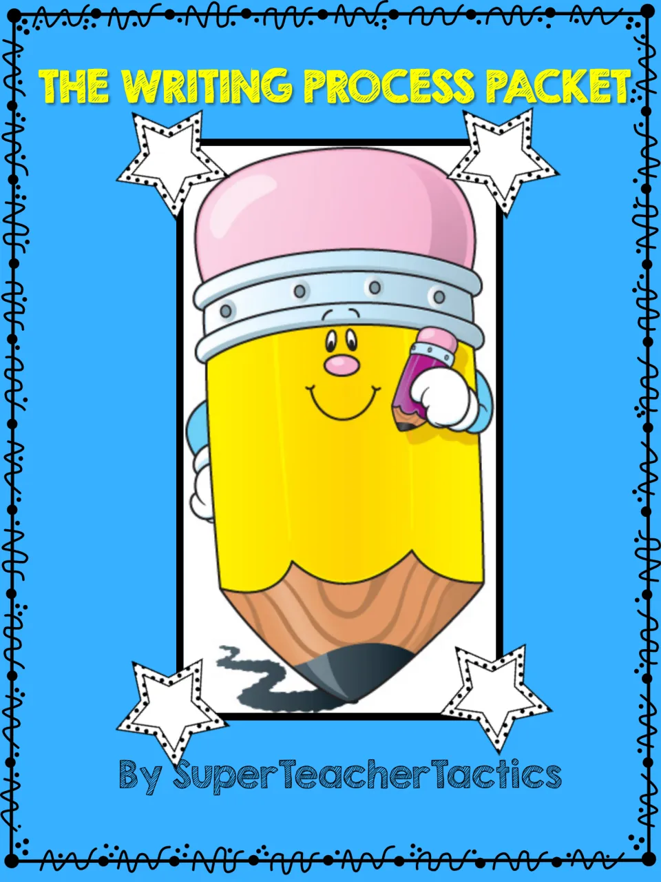 Cover of The Writing Process Packet by SuperTeacherTactics, showing a smiling cartoon pencil holding a small pencil