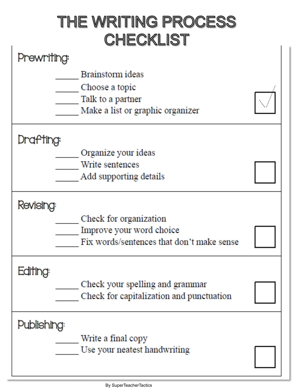 Writing steps checklist: students tick tasks such as brainstorm ideas, add details, check spelling and write a final copy
