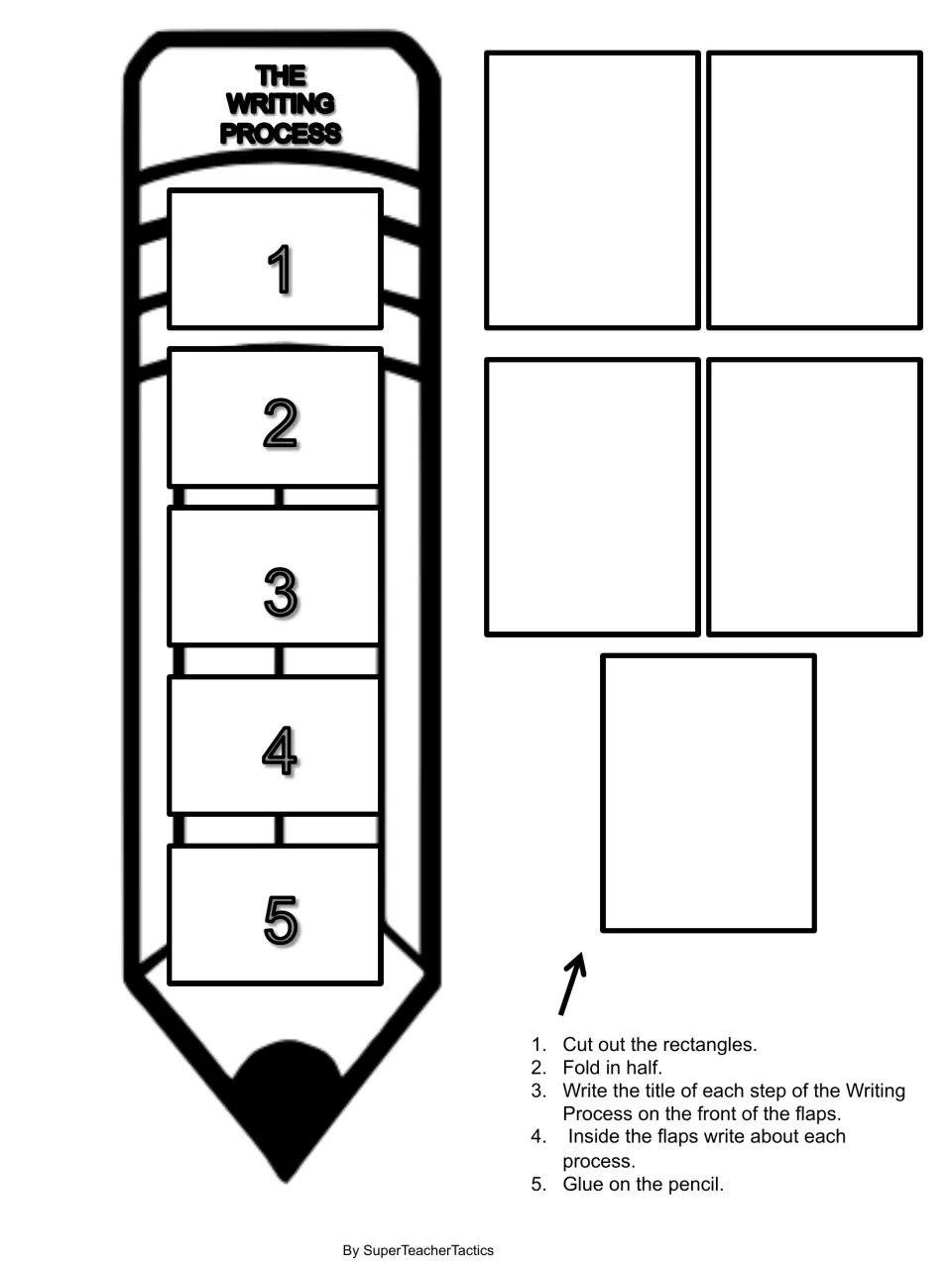 Pencil flap foldable: students cut five flaps, title each with a step, write about it inside and glue onto the pencil