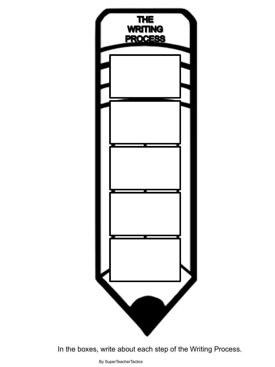 Pencil organizer titled The Writing Process: students write about each of the five steps in the spaces down the pencil