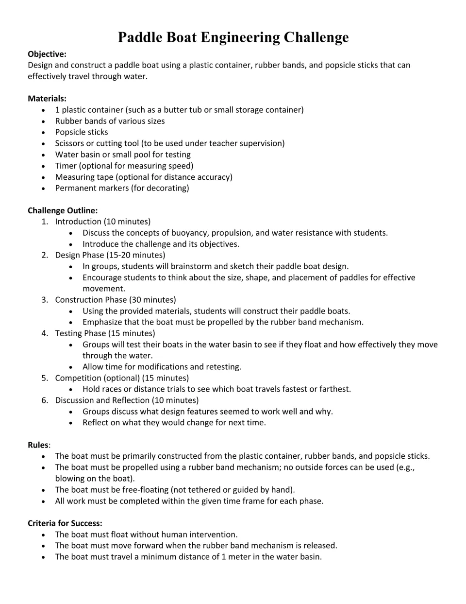 Paddle boat challenge plan: objective, materials list, six timed phases, rules and success criteria for a rubber band boat