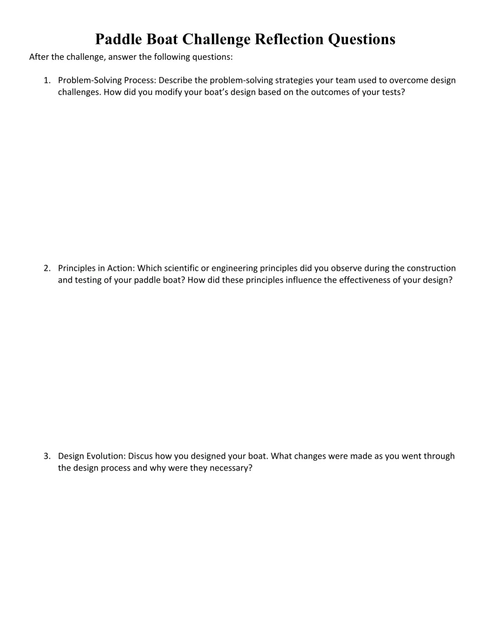 Reflection questions: students write about problem-solving, engineering principles observed and how boat design changed
