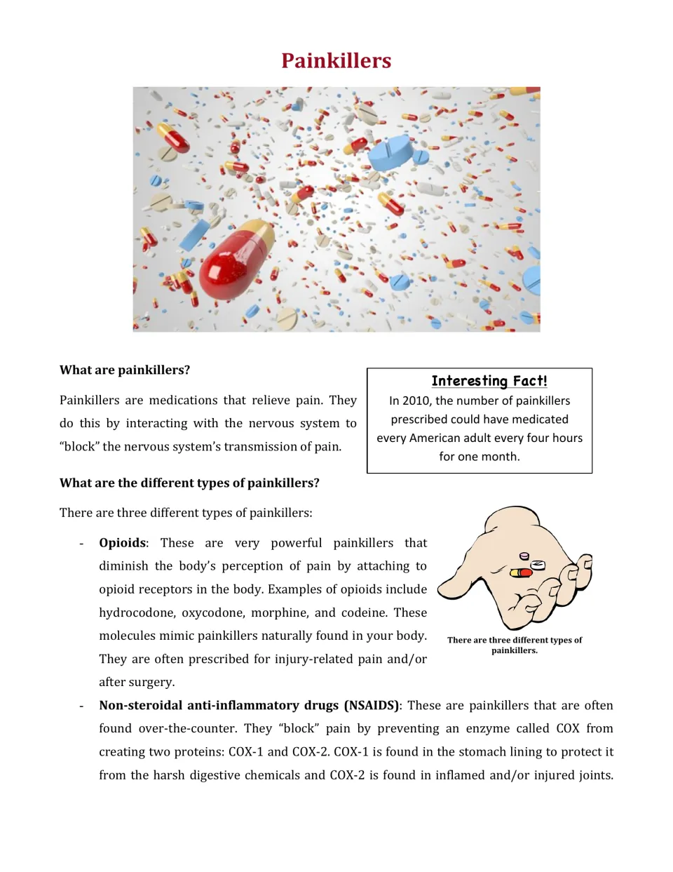Painkillers article: students read what painkillers are and how opioids and NSAIDs block pain, plus a 2010 statistic