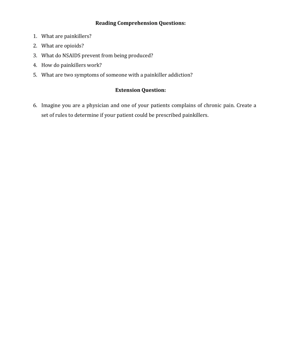 Painkiller comprehension: students answer five questions on opioids and NSAIDs, then write prescribing rules as a doctor