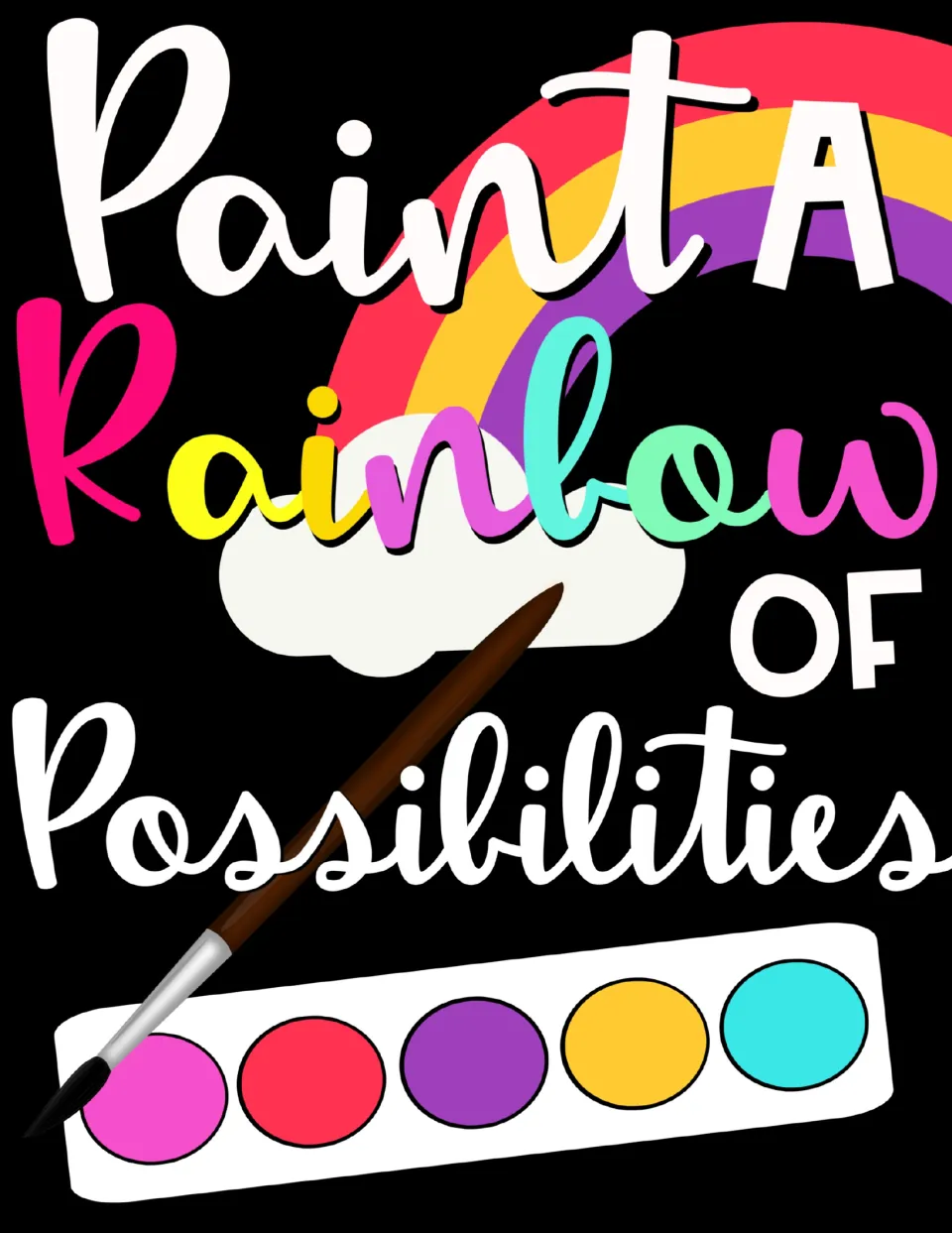 Poster reading Paint a Rainbow of Possibilities with a rainbow, cloud, paintbrush and five-color watercolor palette
