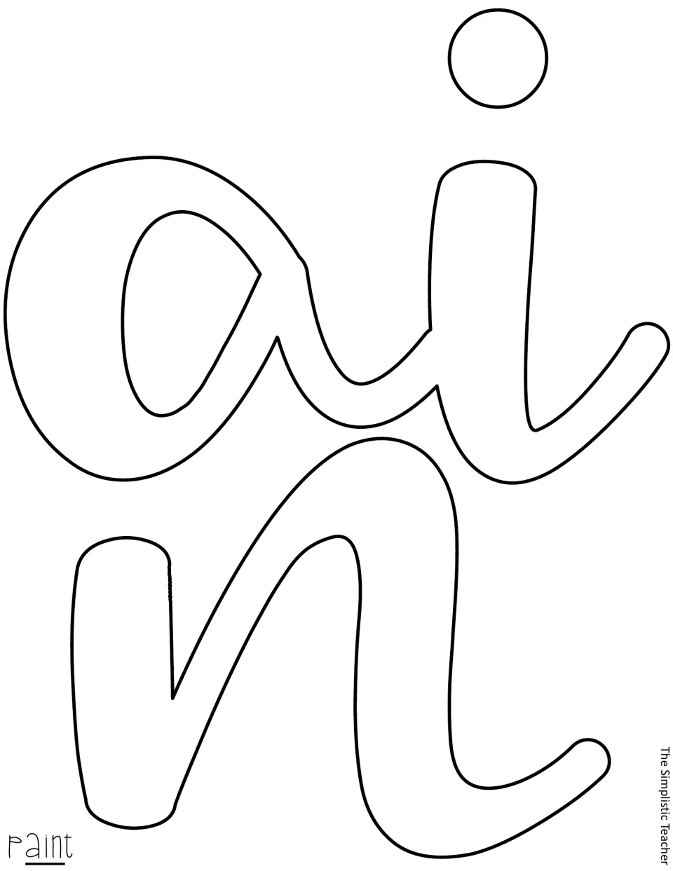 Letter template: outlined cursive letters a, i and n for the word paint, printed together on one page for cutting out
