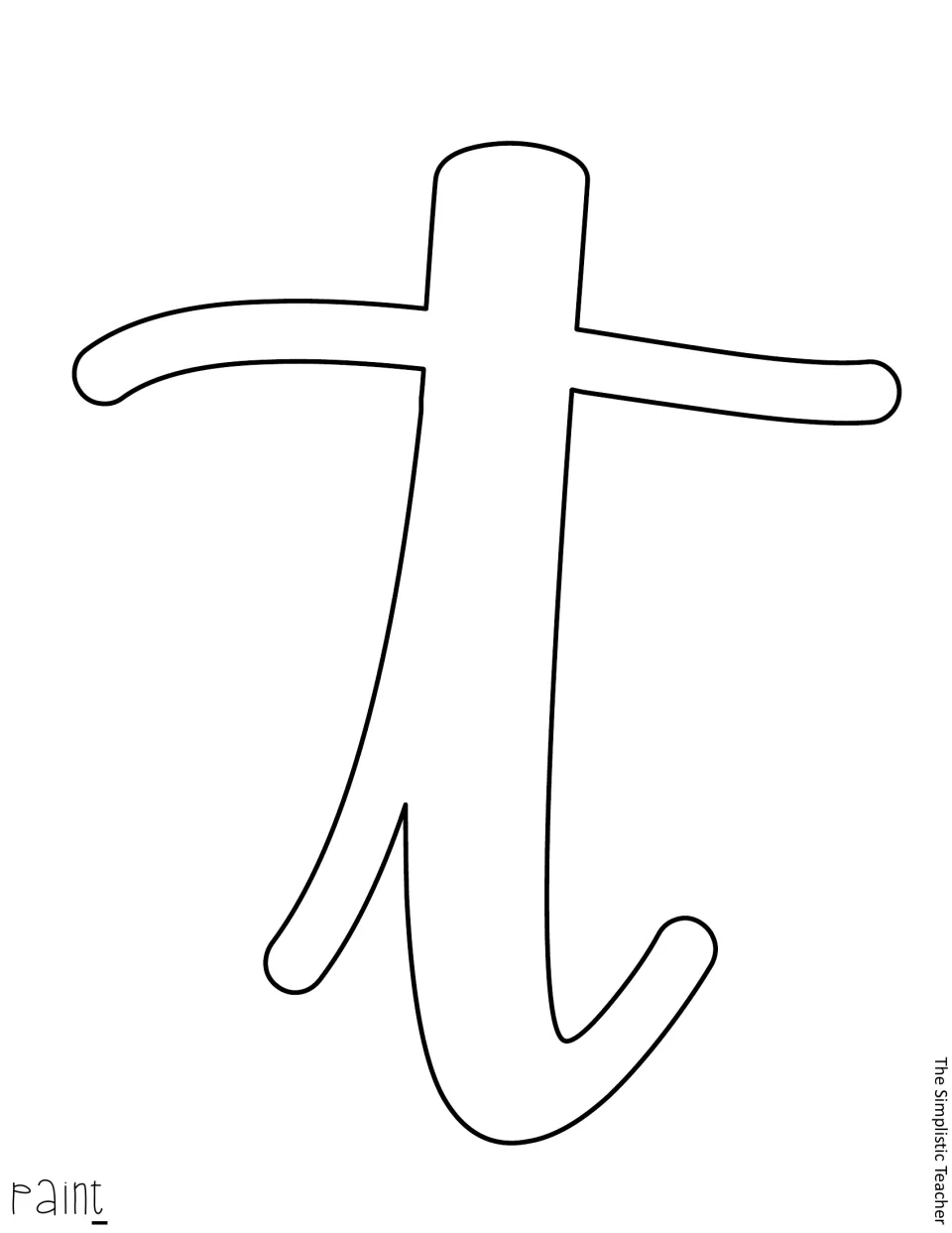 Letter template: outlined cursive t that completes the word paint, ready to print on colored paper and cut out by hand