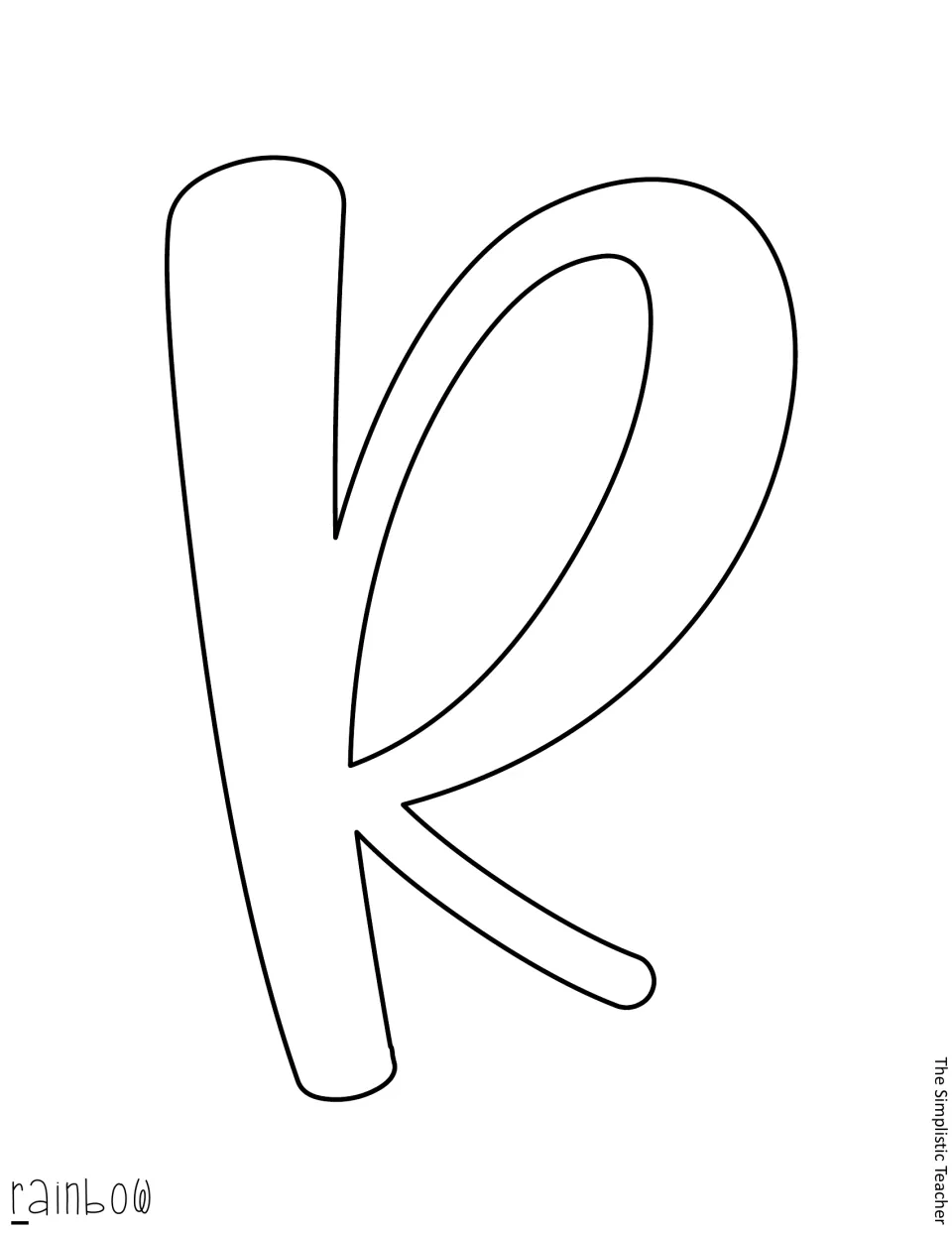 Letter template: large outlined cursive R that begins the word rainbow, for printing on bright paper and cutting out