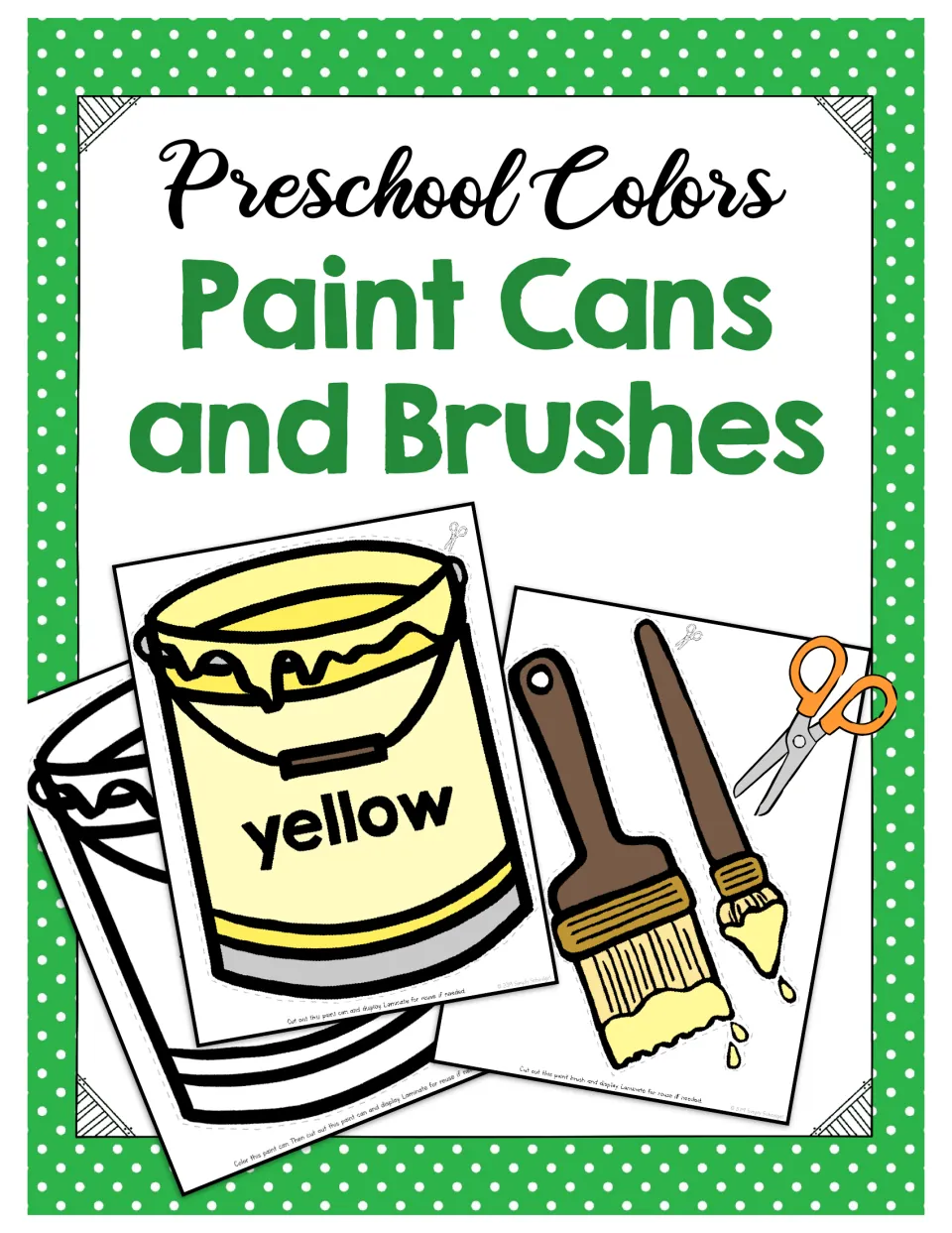 Preschool Colors: Paint Cans and Brushes cover showing a yellow paint can, an uncolored can and two paintbrush cut-outs