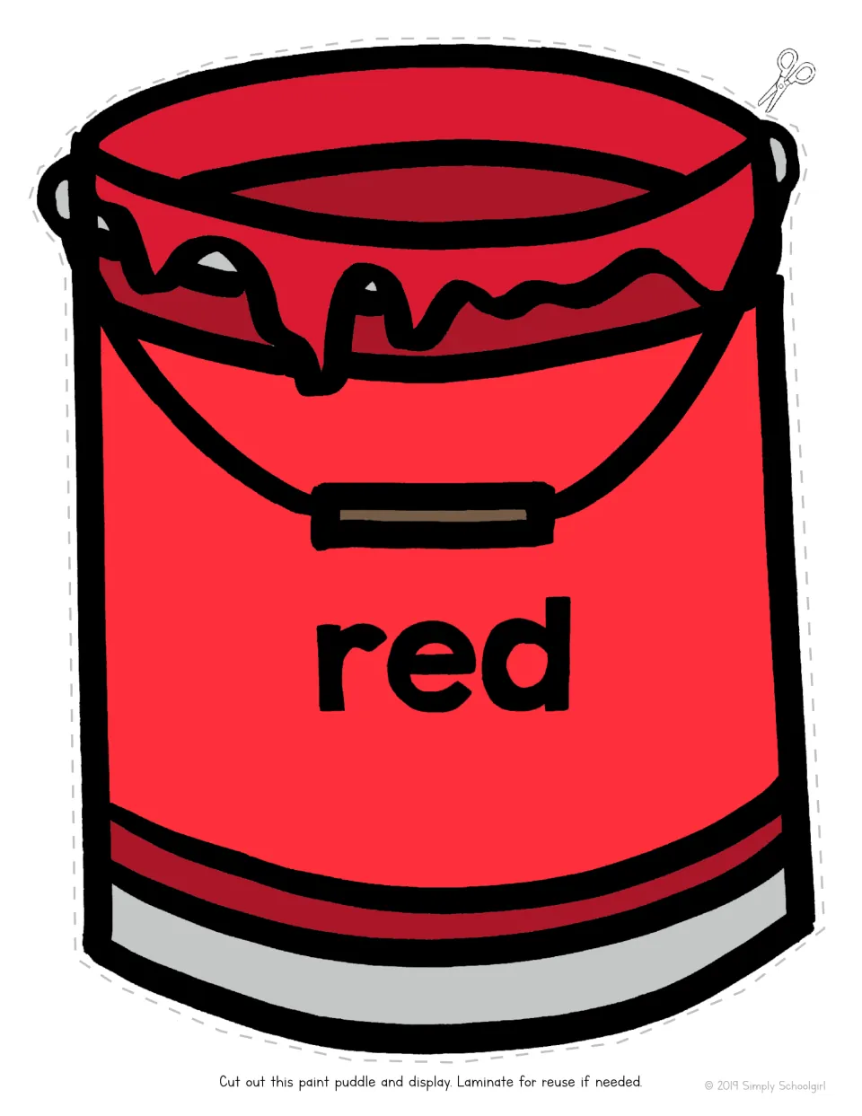 Red paint can labeled with the color word red, a full-page cut-out for learning colors and matching the word to its color