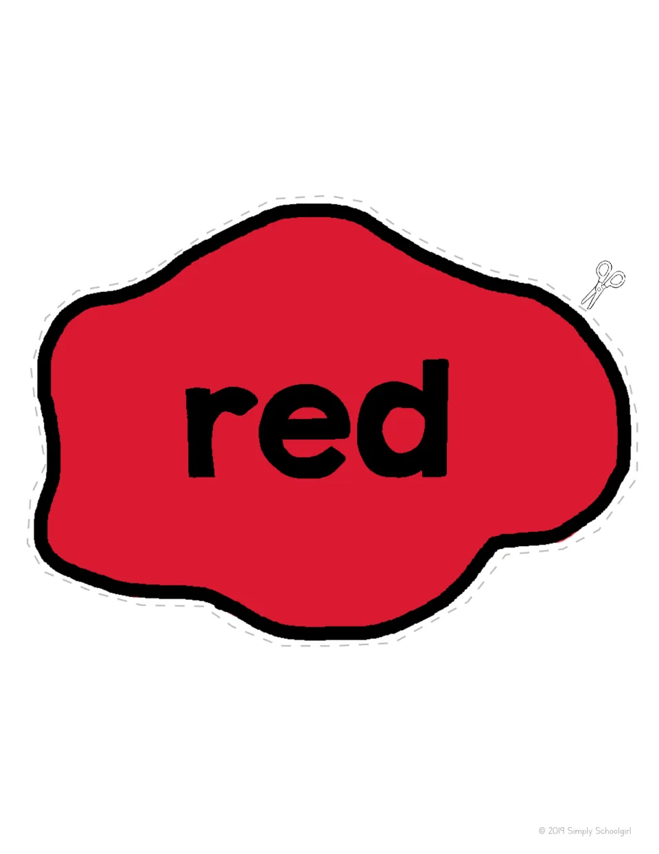 Red paint puddle labeled with the color word red, cut out to pair with the red paint can and brush in a color matching game