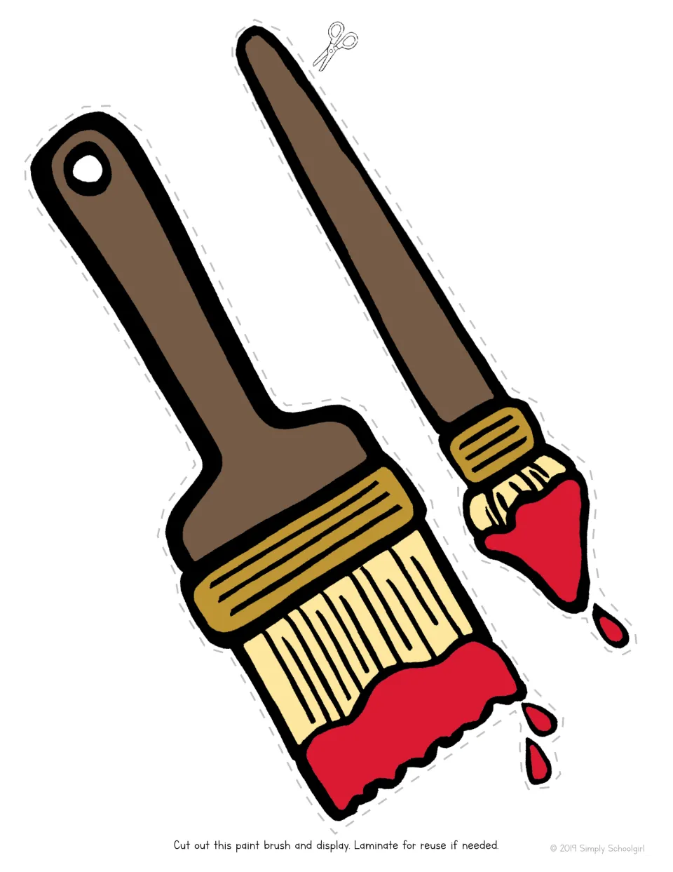 Two paintbrushes dripping red paint, a cut-out for color recognition with no word, to match the red can and puddle