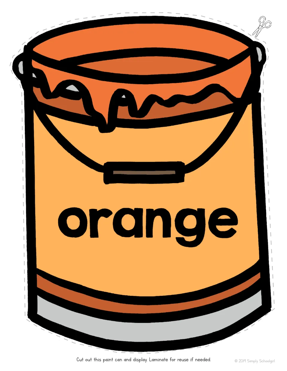 Orange paint can labeled with the color word orange, a full-page cut-out for learning colors and reading the color name