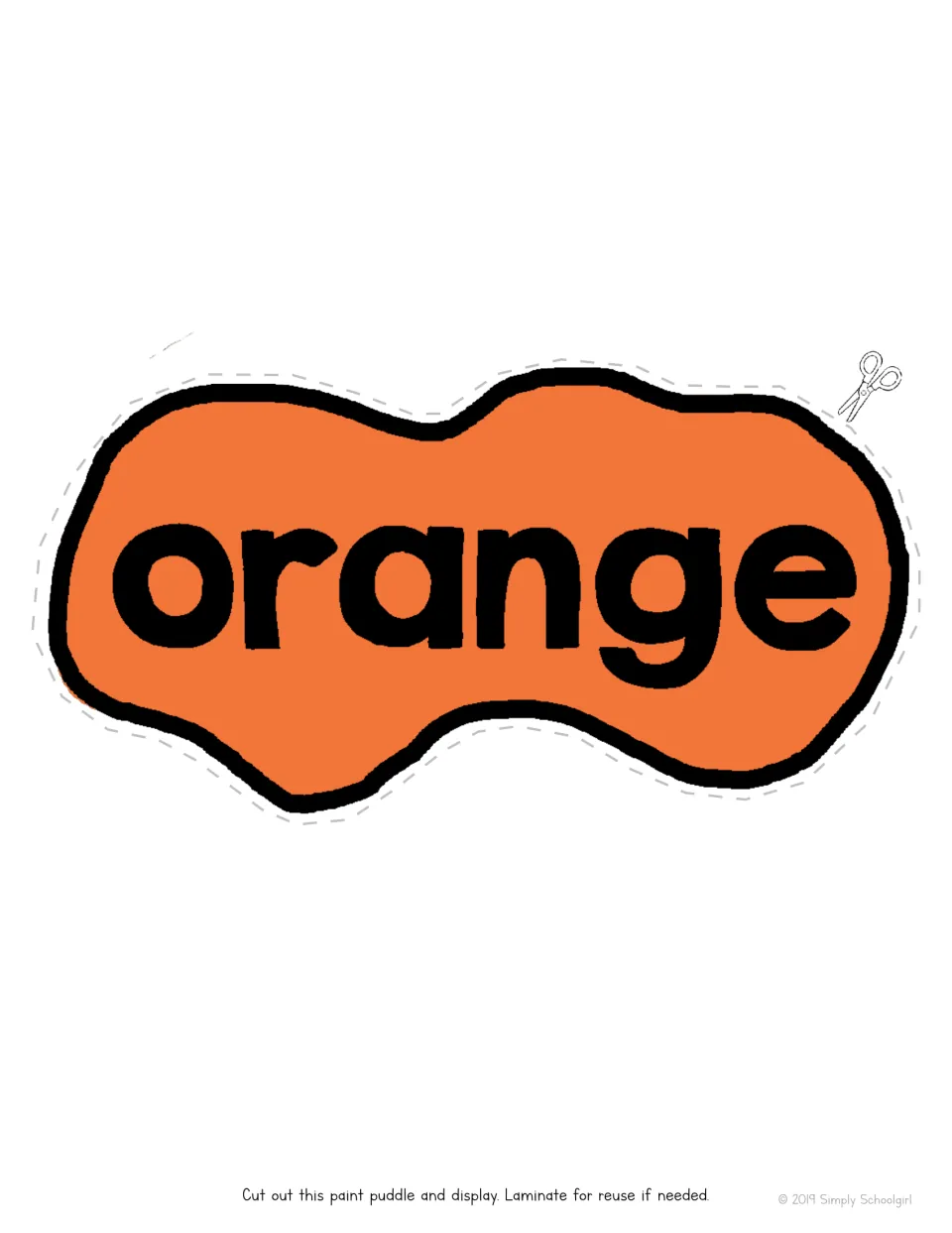 Orange paint puddle labeled with the color word orange, cut out to pair with the orange can and brush when matching colors