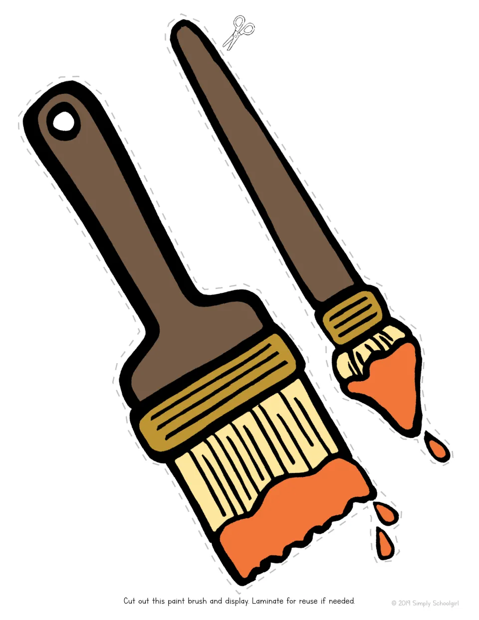 Two paintbrushes dripping orange paint, a cut-out for color recognition with no word, to match the orange can and puddle