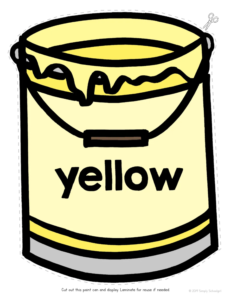 Yellow paint can labeled with the color word yellow, a full-page cut-out for learning colors and reading the color name