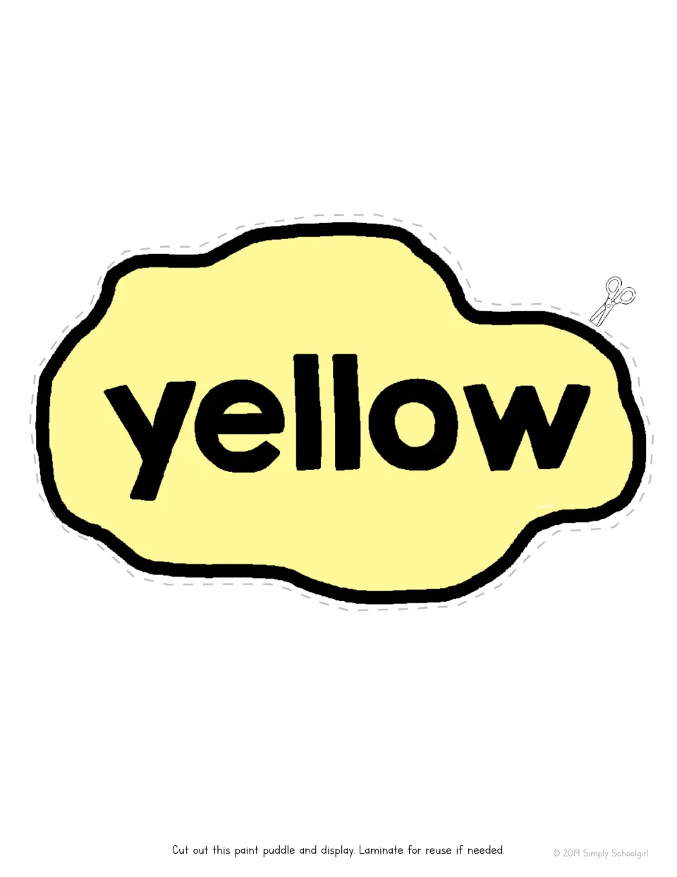 Yellow paint puddle labeled with the color word yellow, cut out to pair with the yellow can when matching colors