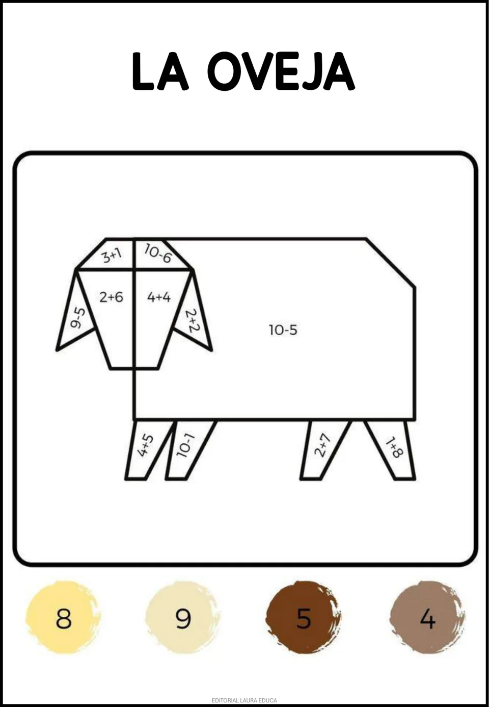 Animal math coloring sheet: La oveja (the sheep), with addition and subtraction and color codes 8, 9, 5, 4