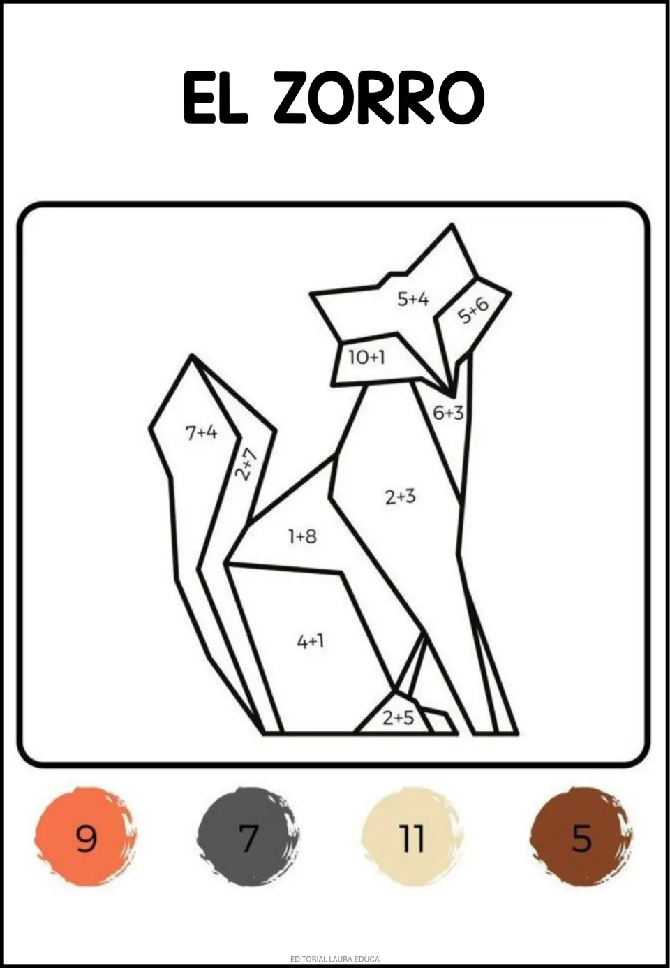 Animal math coloring sheet: El zorro (the fox), with addition facts such as 5+4 and color codes 9, 7, 11, 5