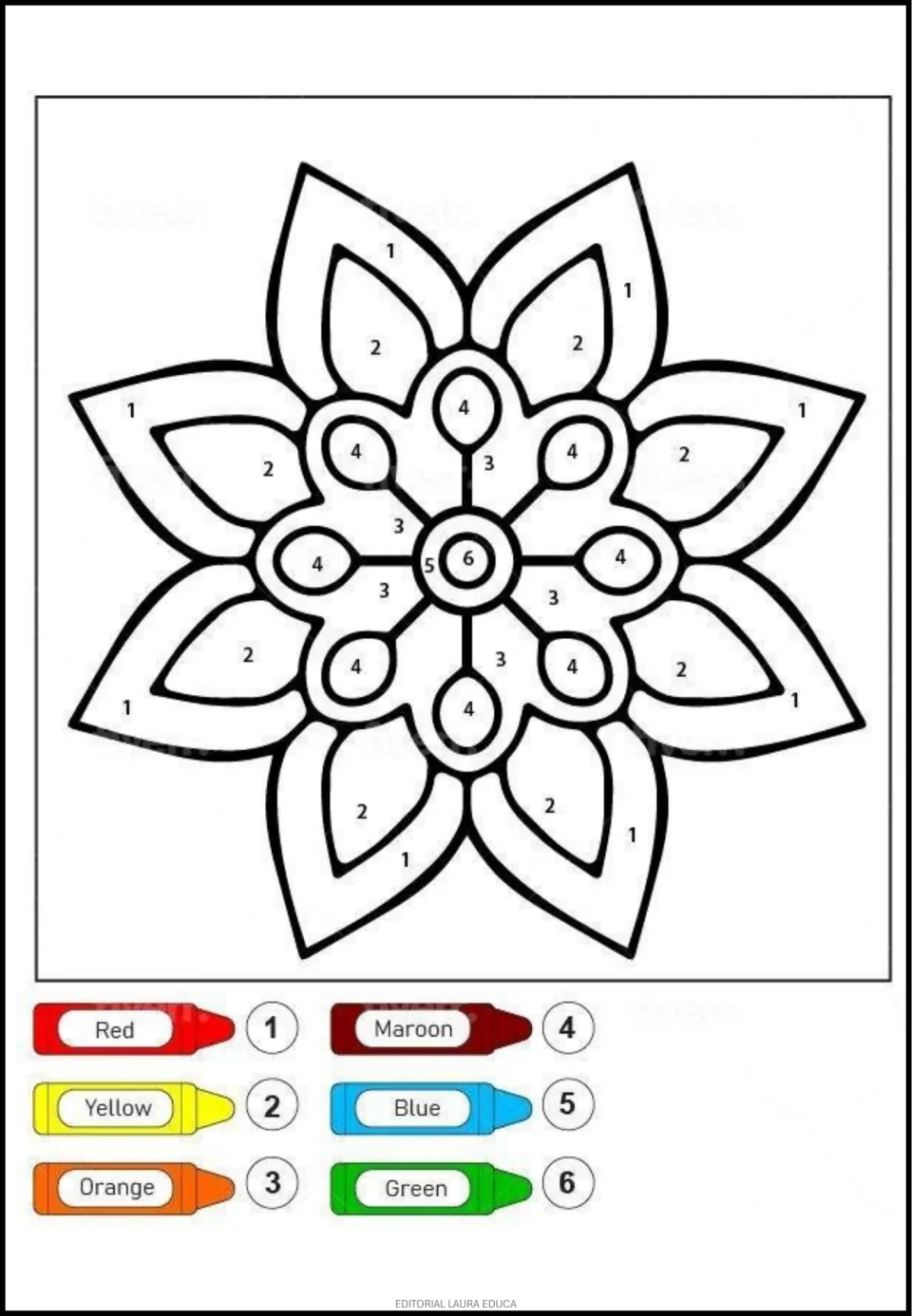 First mandala coloring page: eight pointed petals and a color key matching numbers 1–6 to six colors