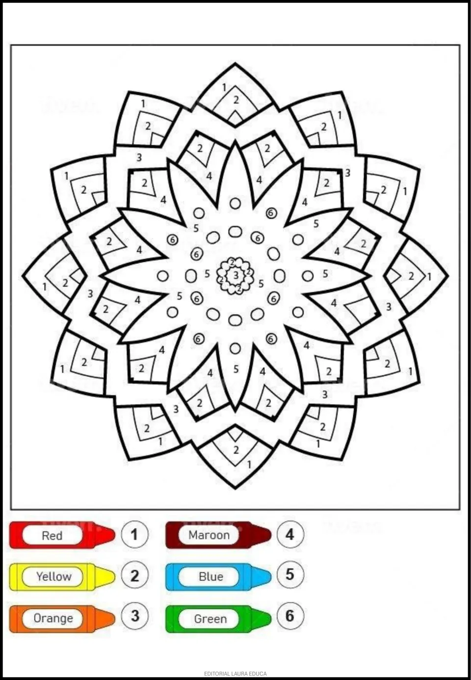 Second mandala coloring page: a pointed flower, small circles, and numbered sections using colors 1–6