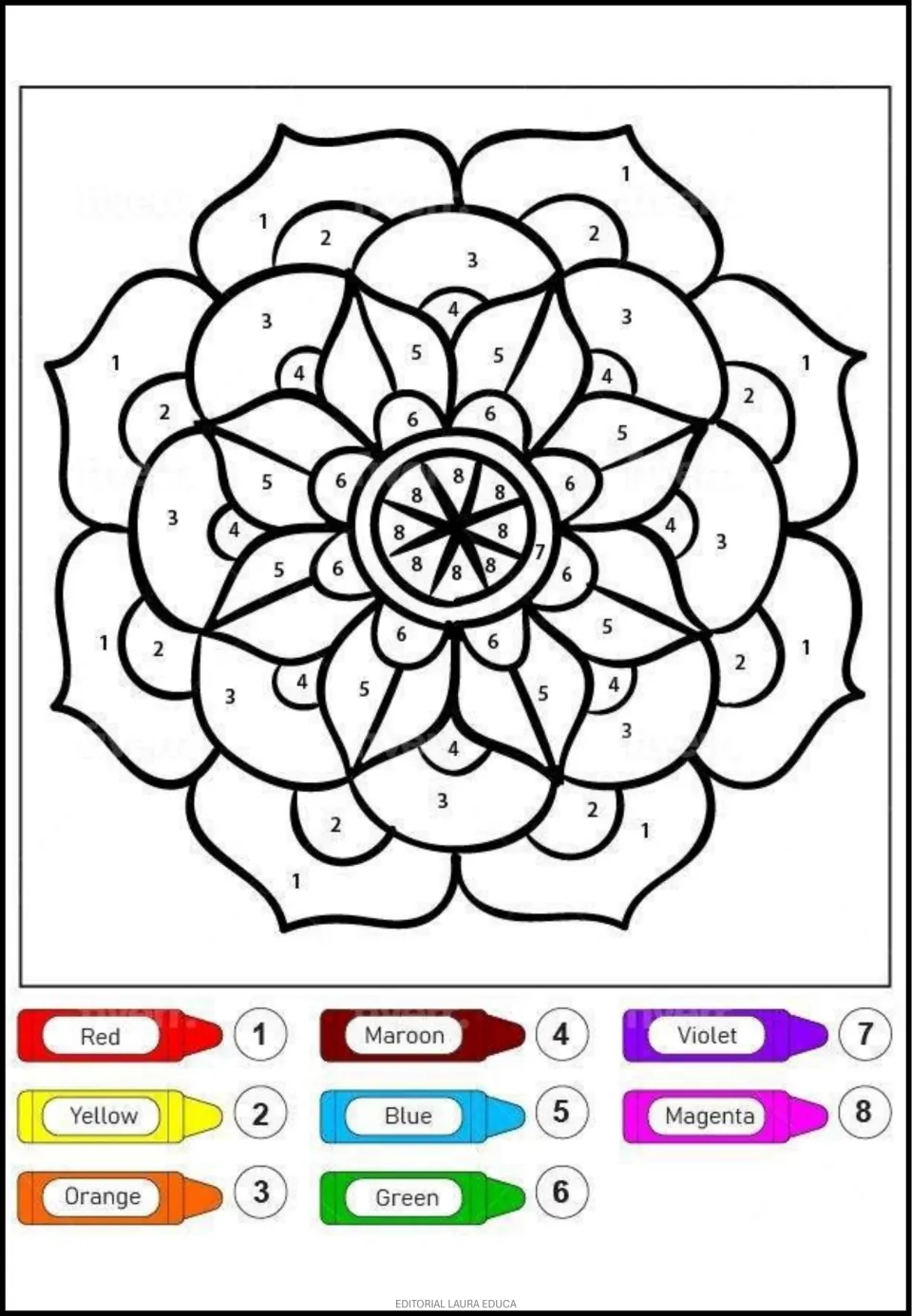 Third mandala coloring page: layered curved petals and a segmented center, with a color key numbered 1–8