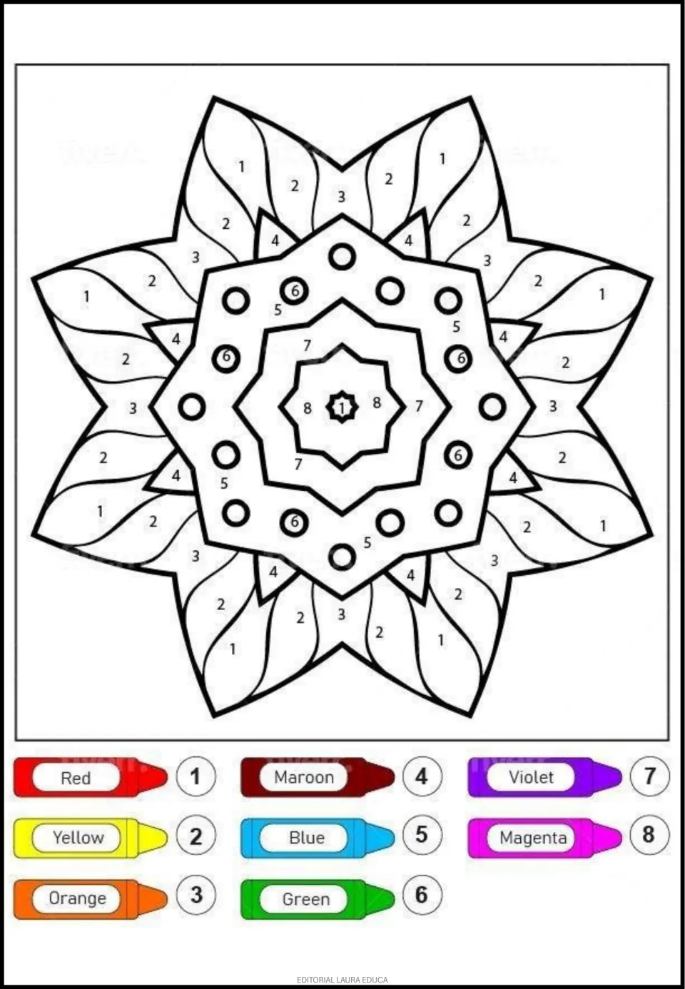 Fourth mandala coloring page: wavy outer petals, circles, and nested stars, with a color key numbered 1–8