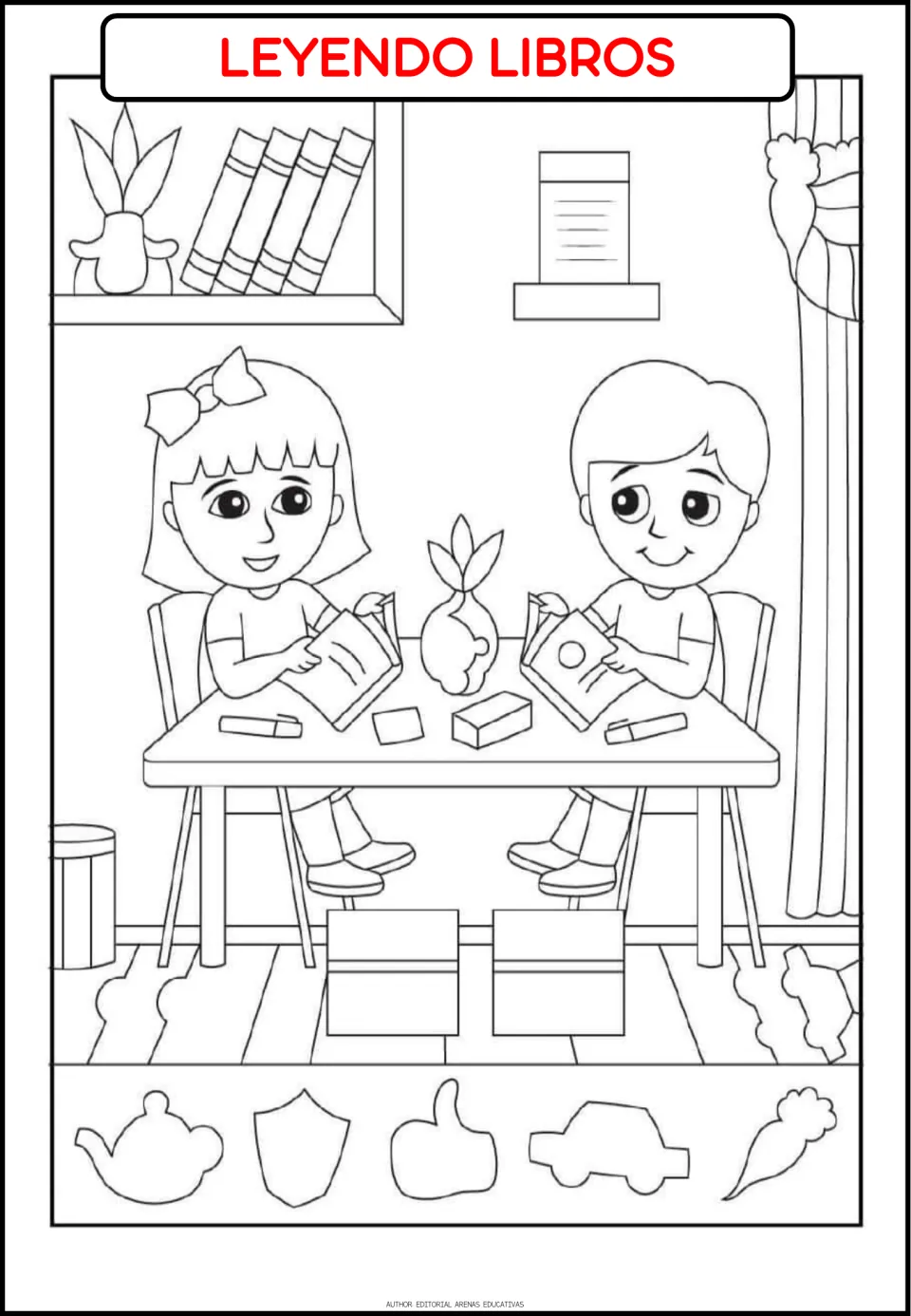 Routine coloring page titled 'LEYENDO LIBROS' (reading books), showing two children reading at a table