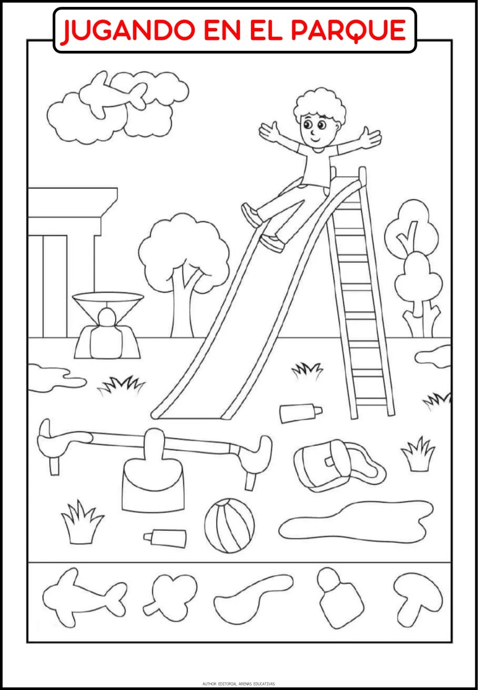 Routine coloring page titled 'JUGANDO EN EL PARQUE' (playing in the park), showing a child on a slide