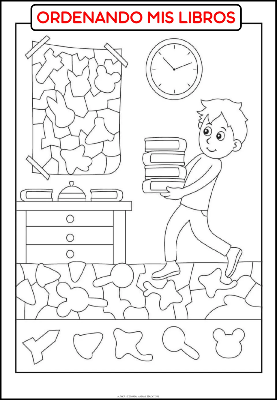 Routine coloring page titled 'ORDENANDO MIS LIBROS' (organizing my books), showing a child carrying books