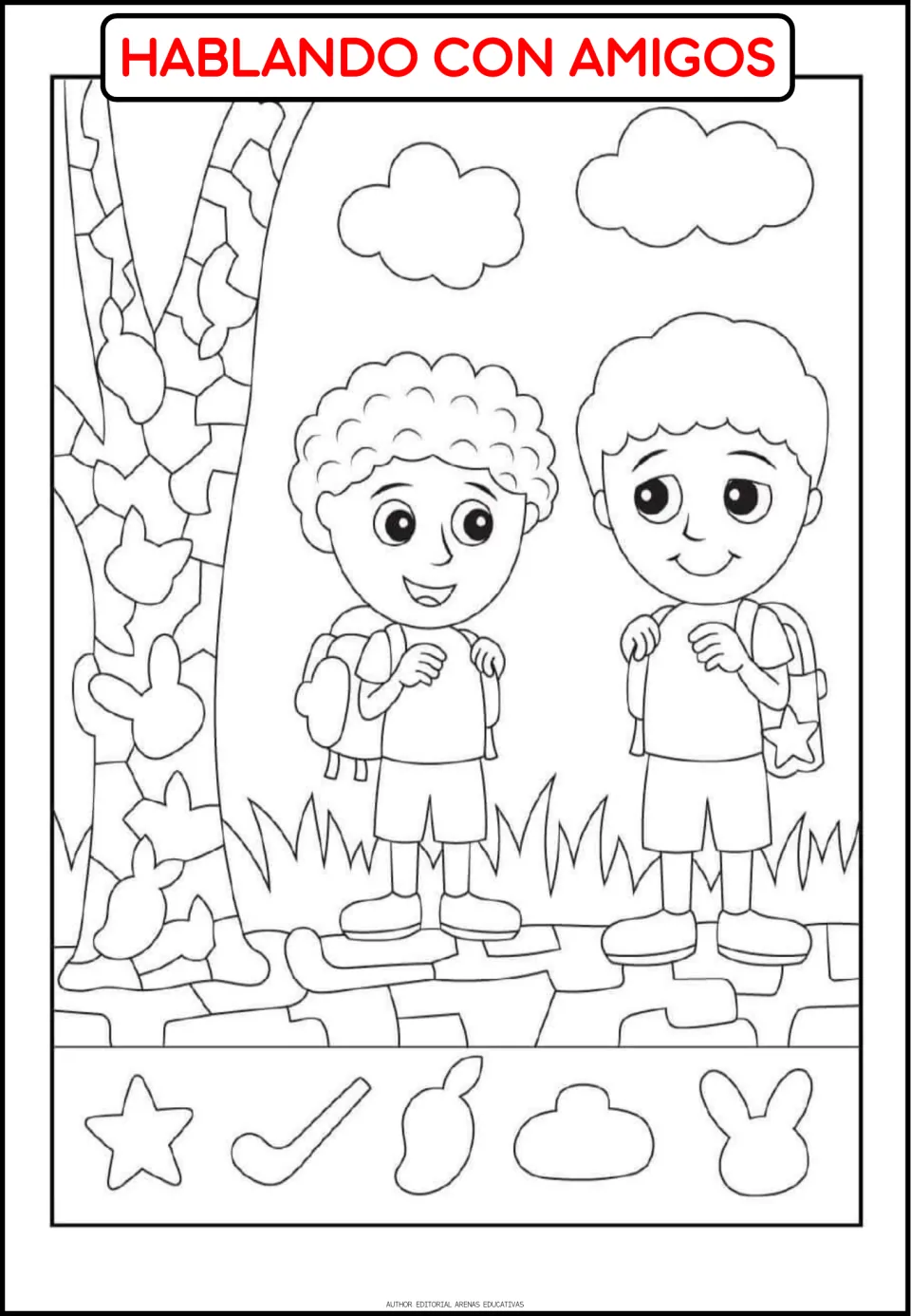 Routine coloring page titled 'HABLANDO CON AMIGOS' (talking with friends), showing two children outdoors