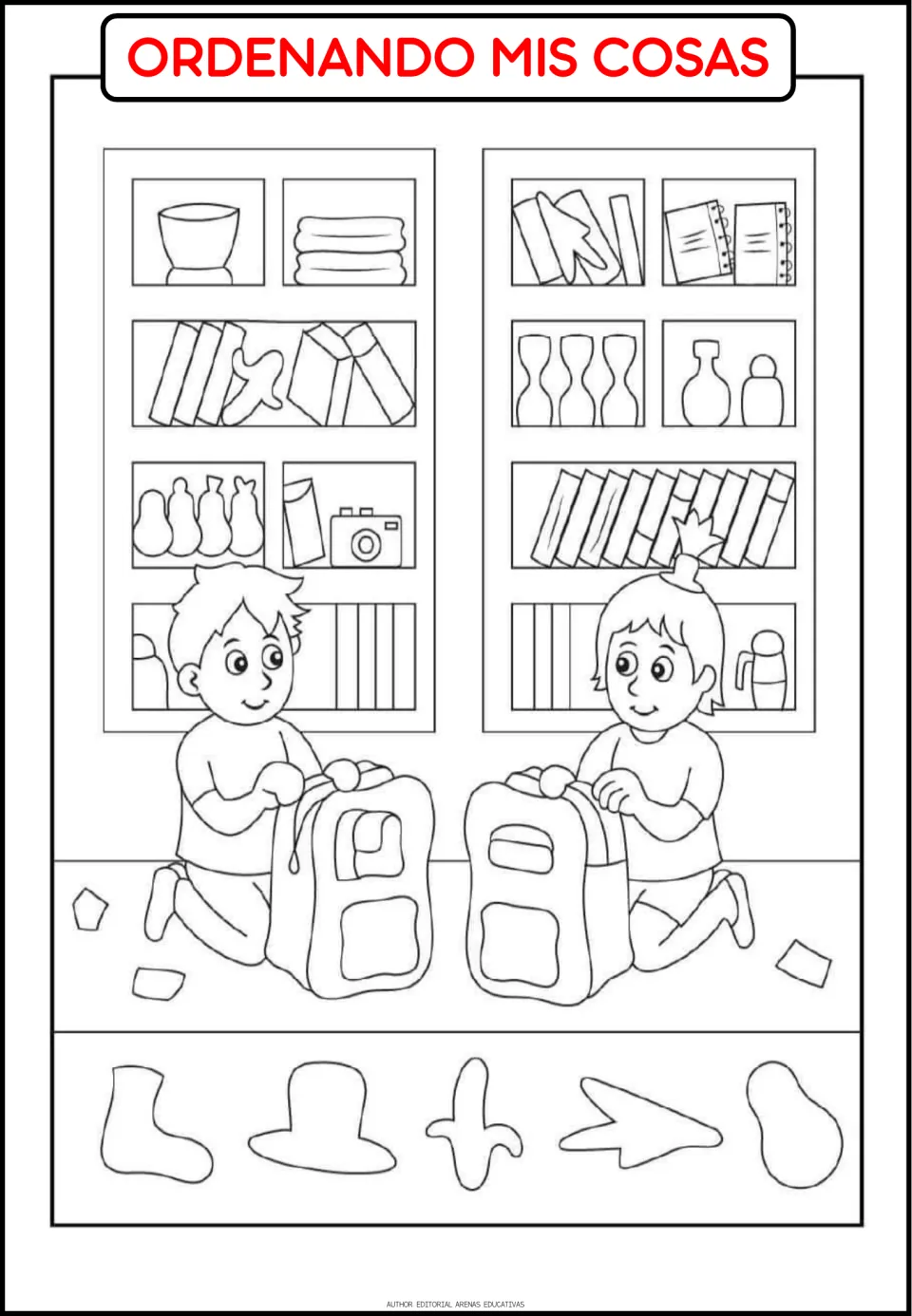 Routine coloring page titled 'ORDENANDO MIS COSAS' (organizing my things), showing children with backpacks