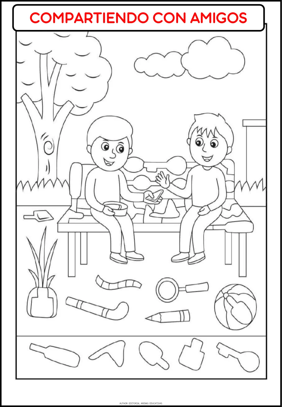 Routine coloring page titled 'COMPARTIENDO CON AMIGOS' (sharing with friends), showing children on a bench