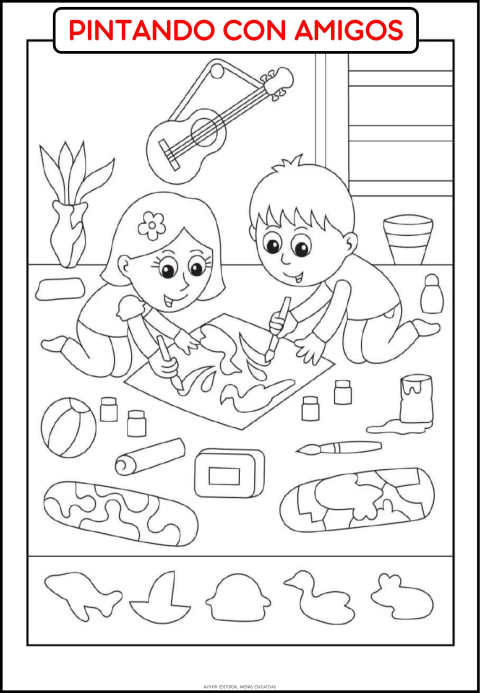 Routine coloring page titled 'PINTANDO CON AMIGOS' (painting with friends), showing children using brushes