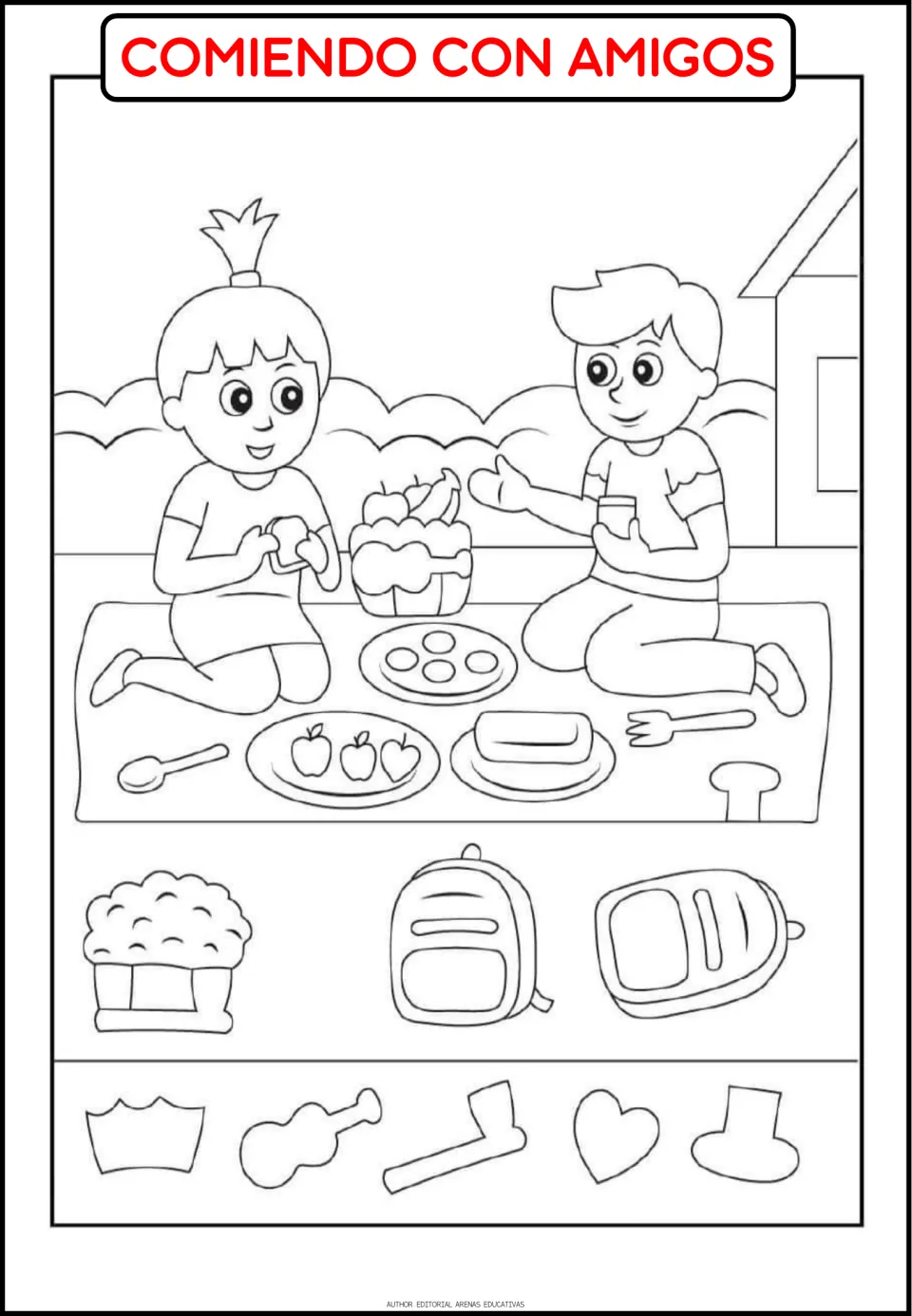 Routine coloring page titled 'COMIENDO CON AMIGOS' (eating with friends), showing two children at a picnic