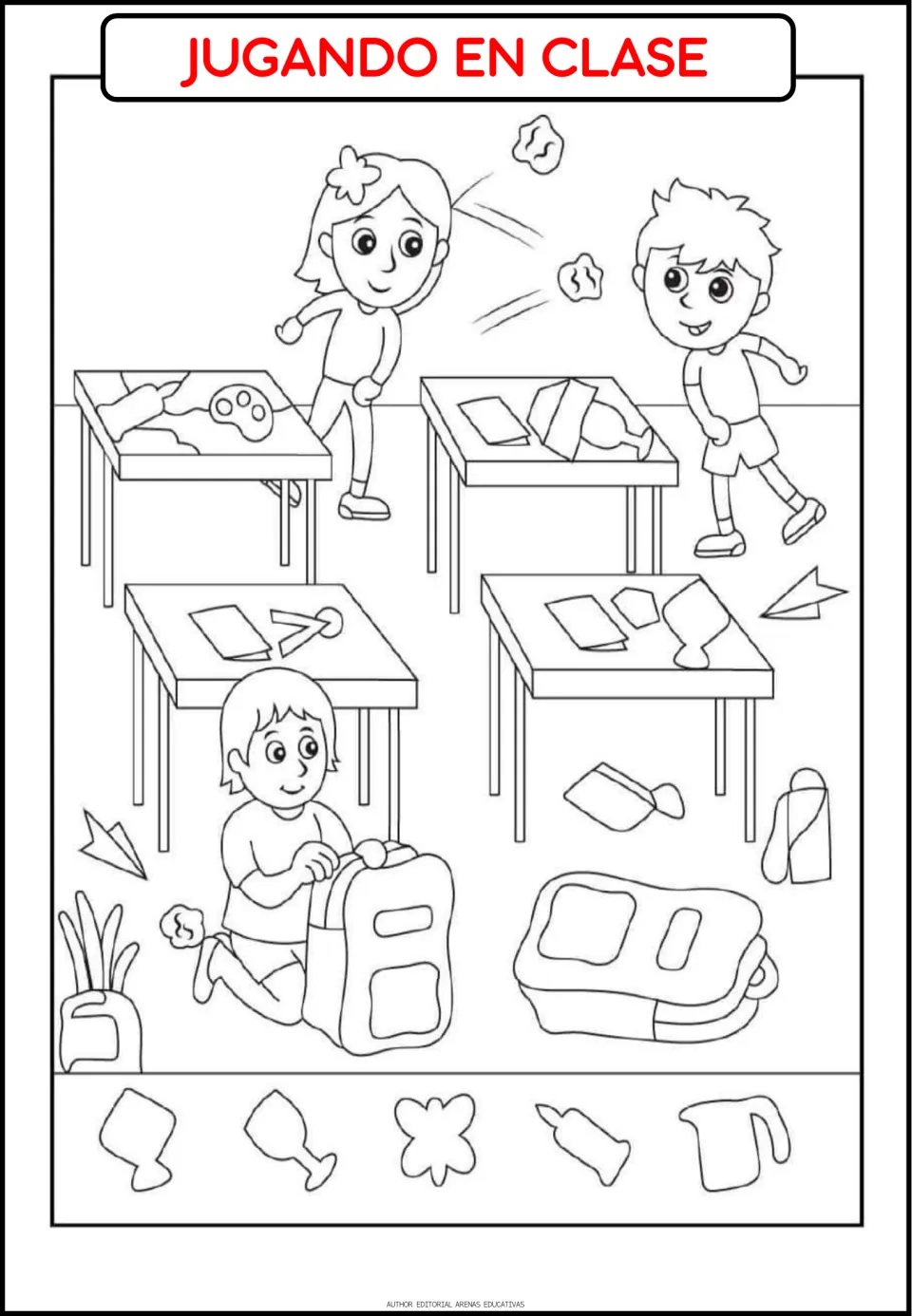 Routine coloring page titled 'JUGANDO EN CLASE' (playing in class), showing children among classroom desks