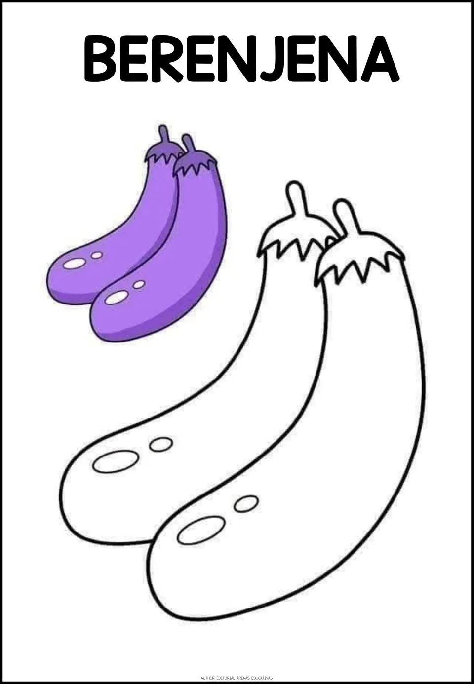 Spanish vegetable coloring activity labeled BERENJENA (eggplant), with two eggplant outlines and a colored example