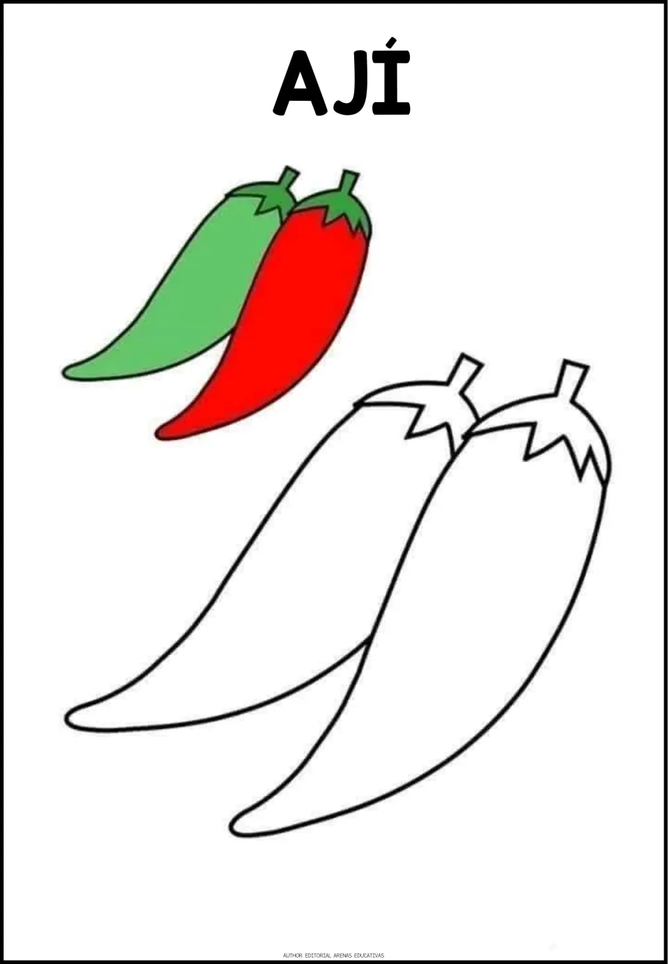 Spanish vegetable coloring activity labeled AJÍ (chili pepper), with two pepper outlines and a colored example
