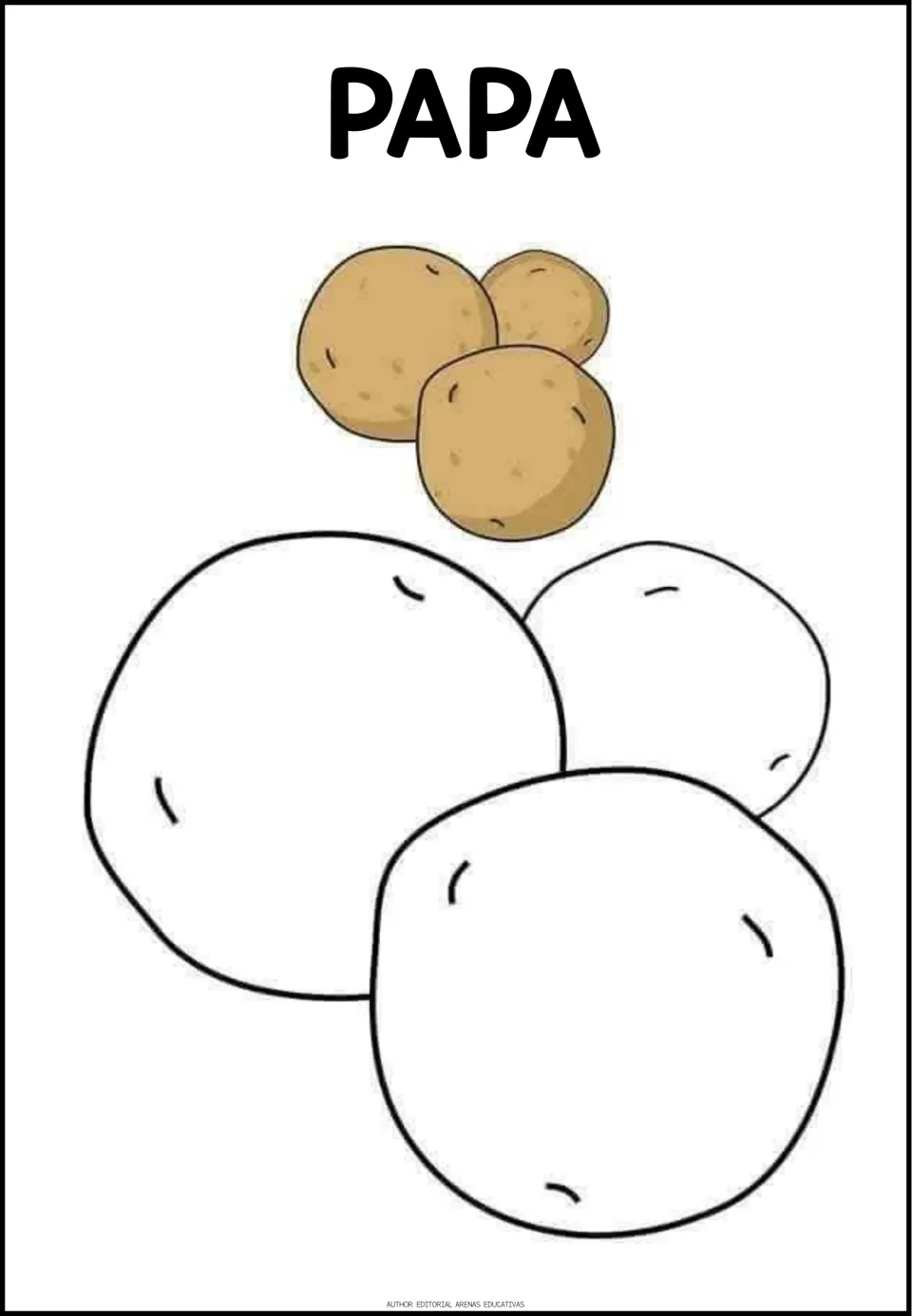 Spanish vegetable coloring activity labeled PAPA (potato), featuring three potato outlines and a colored example