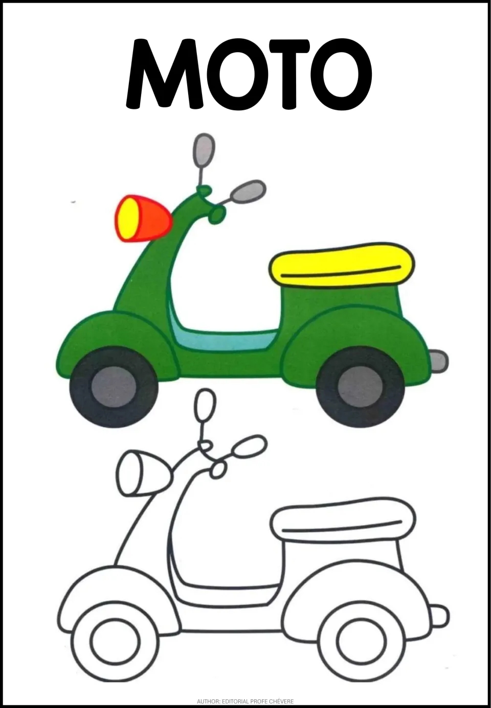 Spanish word MOTO: students color a scooter outline, using the green scooter with a yellow seat above as their model