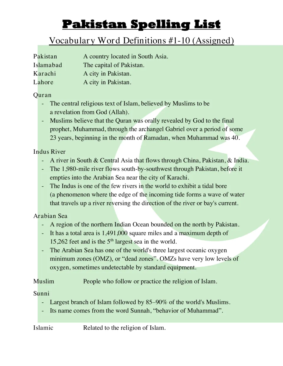 Definitions for words 1-10 on Pakistan, including Islamabad as the capital, the Quran, the Indus River and the Arabian Sea