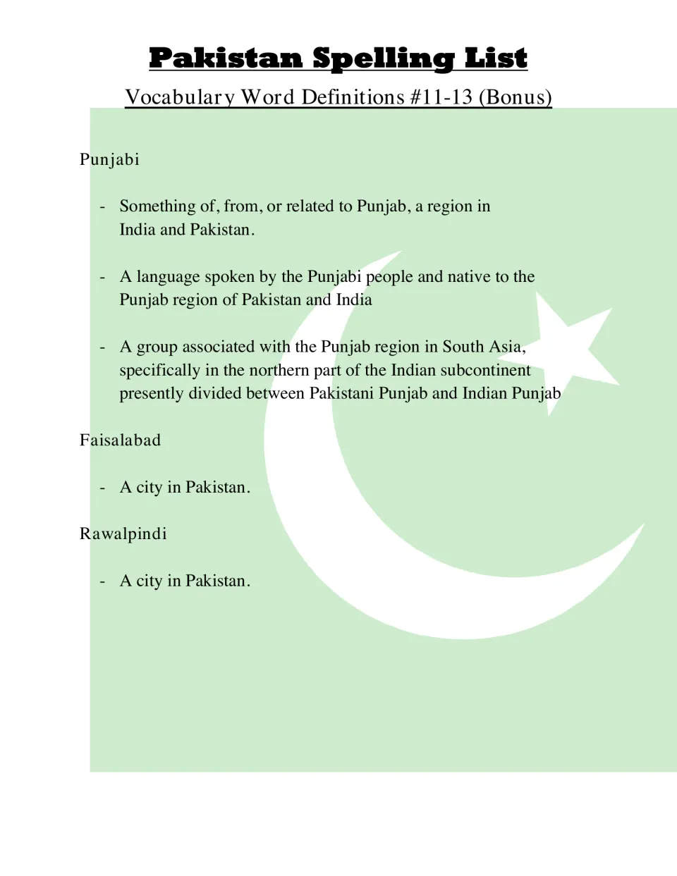 Bonus word definitions 11-13: Punjabi as a region, language and people, with Faisalabad and Rawalpindi as cities in Pakistan